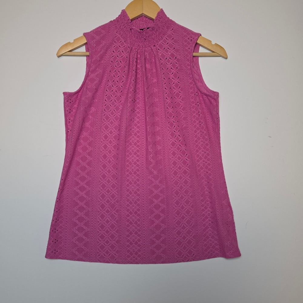 Faith & Zoe Eyelet Lace Geometric Smocked Mock Neck Sleeveless Top Pink XS